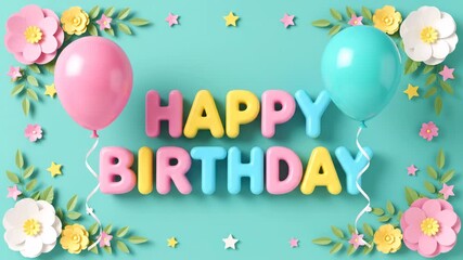 Happy birthday text with balloons and flowers on a blue background, festive and celebratory - Powered by Adobe