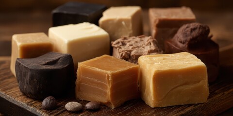 Fudge Shop. Delicious Chocolate Bonbons and Butterscotch in Beige and Brown Colors