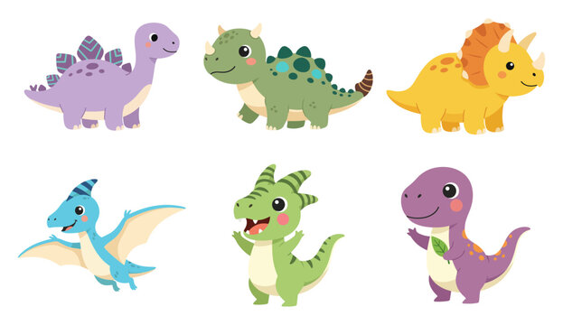 Cartoon dinosaurs, each with a unique color and design.