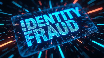 A dynamic depiction of 'Identity Fraud' in glowing blue and orange letters, conveying urgency and the digital threat of identity theft.