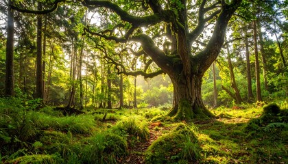 Fototapeta premium Ancient tree dominates a lush forest, light filtering through canopy, mossy floor, serene and inviting nature scene
