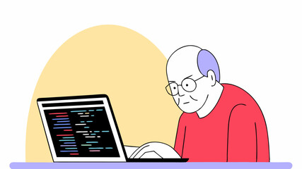 A senior man working on coding exercises on a laptop with lines of code visible on the screen representing the learning of programming skills.