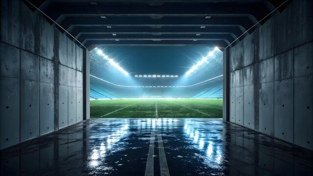 Football stadium tunnel entrance with bright lights and green field view for sports background use