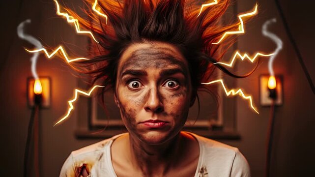 Funny Portrait of a Woman After an Electric Shock Accident at Home.the video is relevant
