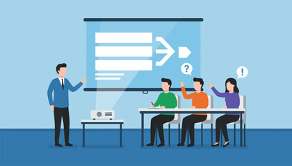 Trainer explaining complex data using a projector and screen to a group of diverse students engaging in an interactive learning session and asking questions