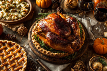 Roasted Turkey on Rustic Wooden Table &mdash; Traditional Thanksgiving Feast Still Life. Delicious roasted turkey served as the centerpiece of a traditional Thanksgiving dinner.
