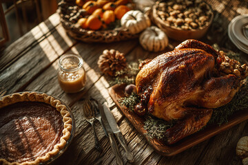 Roasted Turkey on Rustic Wooden Table &mdash; Traditional Thanksgiving Feast Still Life. Delicious roasted turkey served as the centerpiece of a traditional Thanksgiving dinner.