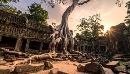 Fototapeta premium Angkor ruin scene with a large tree growing out of it, bathed in warm sunset light