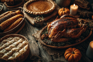 Roasted Turkey on Rustic Wooden Table &mdash; Traditional Thanksgiving Feast Still Life. Delicious roasted turkey served as the centerpiece of a traditional Thanksgiving dinner.