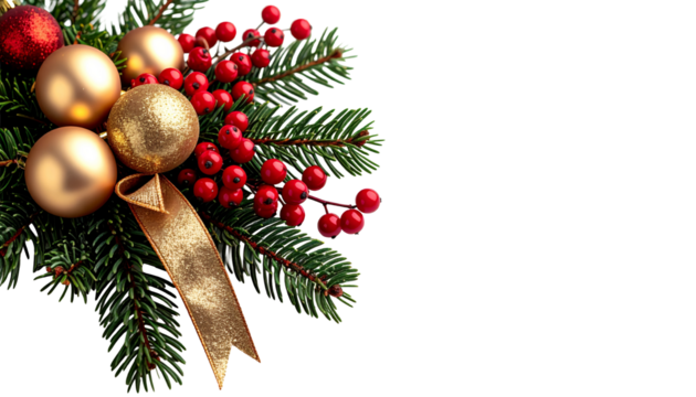 Christmas corner decoration with gold baubles, red berries, and pine needles isolated on transparent background. Graphic elements.