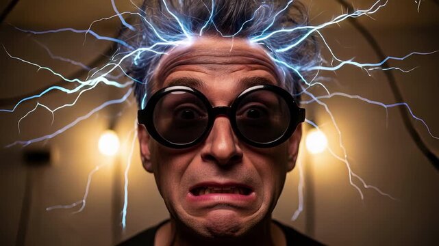 Man with electric hair and goggles experiencing a shock.the video is relevant
