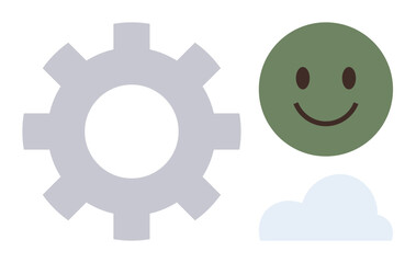 Large gray gear, green smiling face, and light blue cloud symbolizing technology, optimism, collaboration, innovation, teamwork, development and creativity. Ideal for simple flat metaphor