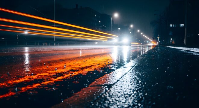 Streaking lights on wet road at night, car trails in urban environment