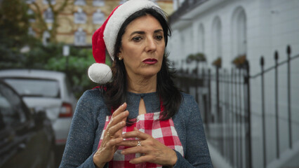 Hispanic woman wearing santa hat and red checkered apron touches fingertips in city street beside...
