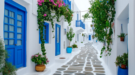 Fototapeta premium Beautiful Mykonos street with white walls, blue windows and doors, blooming flowers and sunshine fill the peaceful path