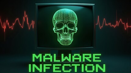 A computer monitor displays a green skull made of code with 'Malware Infection' text, set against a dark backdrop and heartbeat line.