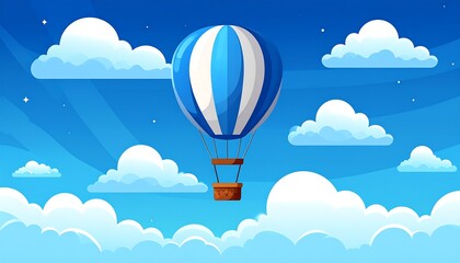Animated blue and white hot air balloon floating amidst fluffy clouds against a radiant gradient blue sky