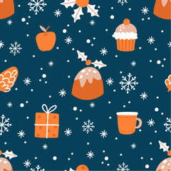 Seamless pattern with Christmas baking, gifts and snowflakes. Printable on fabric and wrapping paper.