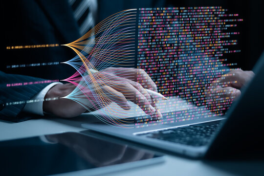 Big data technology and data science concept. Insights development engineer,  Analyst or scientist use laptop to analysis of information on complex data sets on virtual screen.