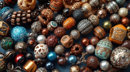 Exquisite collection of ornate, vintage beads and charms showcasing intricate designs and rich textures