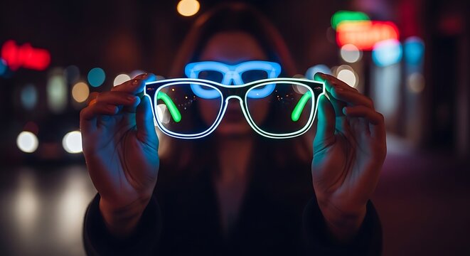Illuminated eyewear - A person holding glowing glasses in a vibrant urban setting.