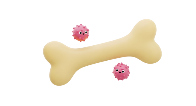 3d icon of cartoon dog bone with pink virus isolated on transparent background, representing pet health and veterinary care