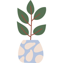 A Stylized Potted Plant with Green Leaves and a Blue and White Patterned Pot on a Transparent Background