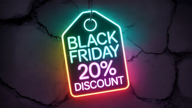 A neon tag shaped like a price tag, illuminated with black friday 20 discount in bright green and pink neon, set against a dark, cracked wall, signifying a significant retail promotion - Powered by Adobe