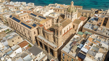 Aerial view of Trapani Cathedral, otherwise the Basilica of St. Lawrence the Martyr. It is a church of the Roman Catholic Diocese located in the historic center of Trapani, Sicily, Italy.