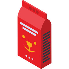 A stylized red packaging box with a cute cartoon animal face design and white text details isolated on a transparent background representing pet food or treats