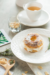 Close-up of a delicious pastry with tea set