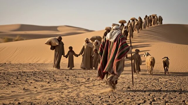Prophet man leading a multitude of people including a boy and girl through a desert, biblical journey animation