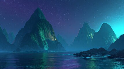 Serene Mountain Landscape Under Starry Sky and Soft Ocean Waves