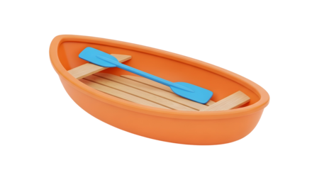 3d icon of orange toy boat with a blue paddle isolated on transparent background, a fun and colorful plaything for kids