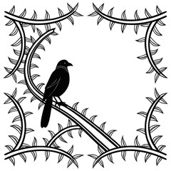 Raven sitting on a thorny branch frame