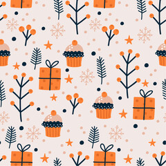 Seamless pattern with Christmas branches, berries, baked goods, gifts, and snowflakes. Can be printed on fabric and wrapping paper.