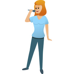 Cartoon woman with short orange hair wearing light blue t shirt and blue jeans holding a microphone singing against a transparent white background