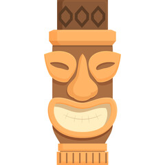 Cartoon Wooden Tiki Idol With Smiling Face and Geometric Patterns On Top and Bottom Isolated On White Background