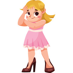 Cartoon Young Blonde Girl Wearing Pink Dress and High Heels Standing with Arms Crossed and Hand on Forehead with Transparent Background