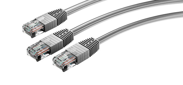 RJ45 cables and plugs. Ethernet connectors. Connection concept. Hosting providers. High-speed internet connection. Internet connection. VPN encryption. RJ45 3D render.
