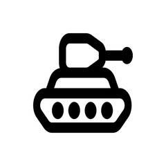 Illustration of a simplified black tank with a gun turret and four wheels on a white background view