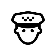 Illustration of a taxi driver with a hat and a simple face design in black and white outline style