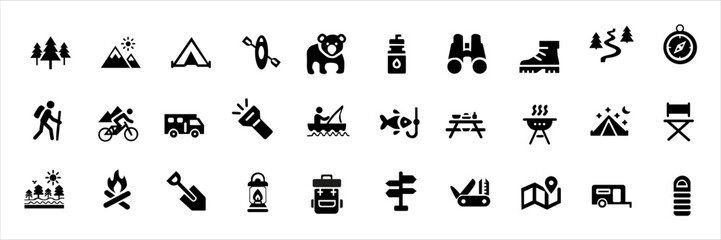 Camping and outdoor adventure icon set for travel, hiking, and nature design projects