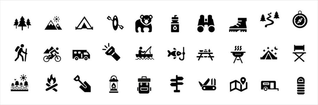 Camping and outdoor adventure icon set for travel, hiking, and nature design projects
