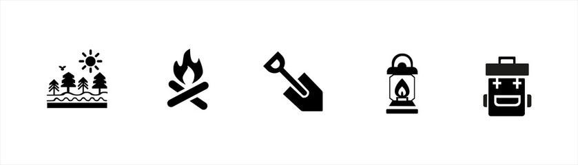 Camping and outdoor adventure icon set for travel, hiking, and nature design projects
