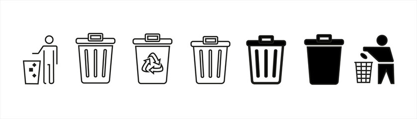Minimal recycle and trash bin icons for eco design, sustainability and waste sorting themes