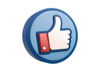 Close up 3d render of a blue circular button with a white thumbs up icon and red sleeve isolated on transparent background