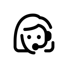 Illustration of a woman with a headset, depicted in a simple black and white outline style graphic icon
