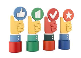 Four stylized cartoon hands holding different social media icons like thumbs up checkmark star and pause button isolated on transparent background