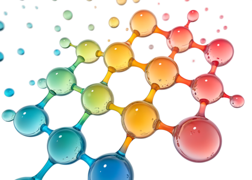 Abstract colorful molecular structure with interconnected spheres and glowing particles representing science and chemistry isolated on transparent background